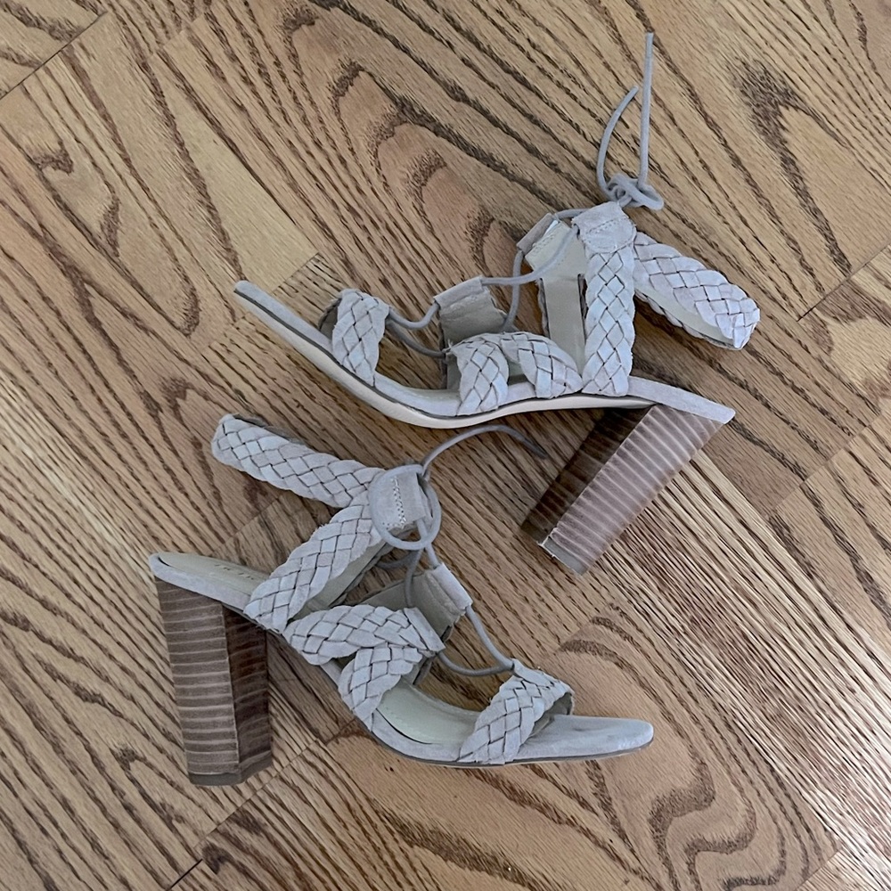BCBGeneration suede taupe tan lace up braided heels. Size 7.5